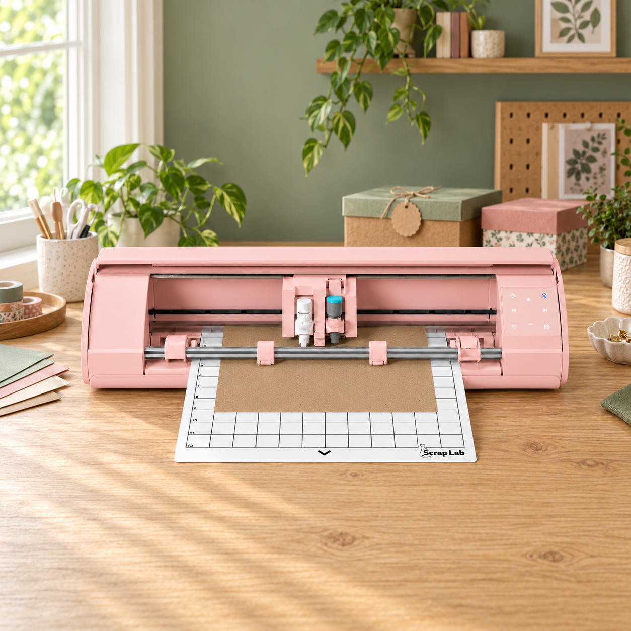 Base Scrap Lab posicionada em uma Silhouette CAMEO rosa em um espaço de criação, com papel kraft