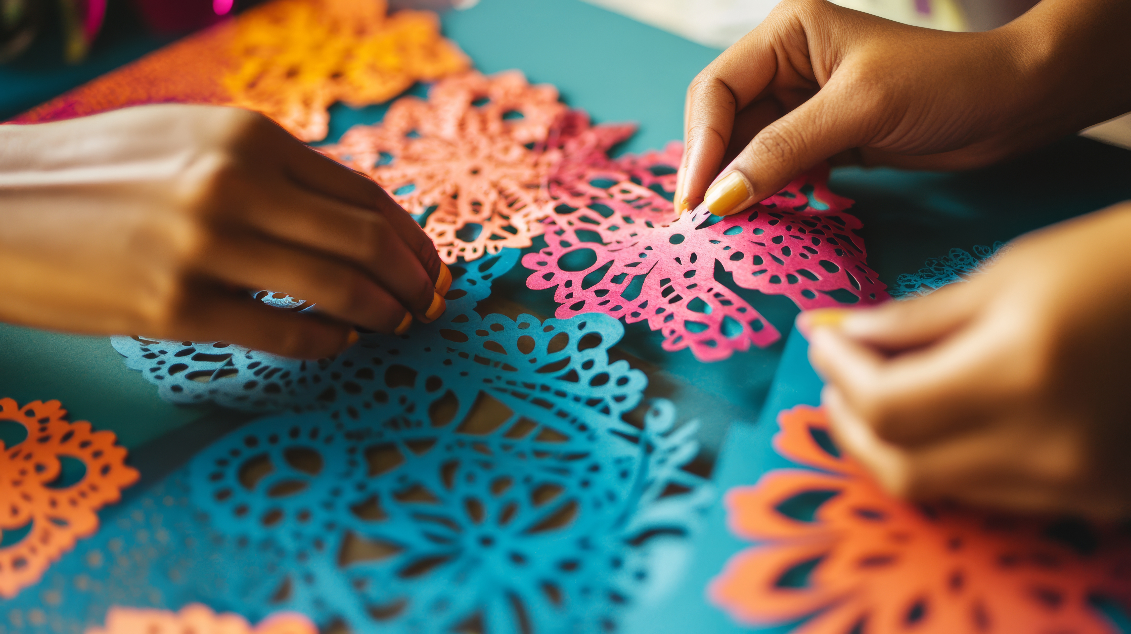 Mãos organizando camadas de papel recortado com desenhos vazados