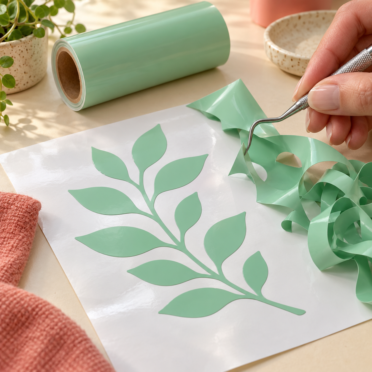 Depilação de um adesivo de vinil verde, com ferramenta e película sendo retirada do papel de suporte